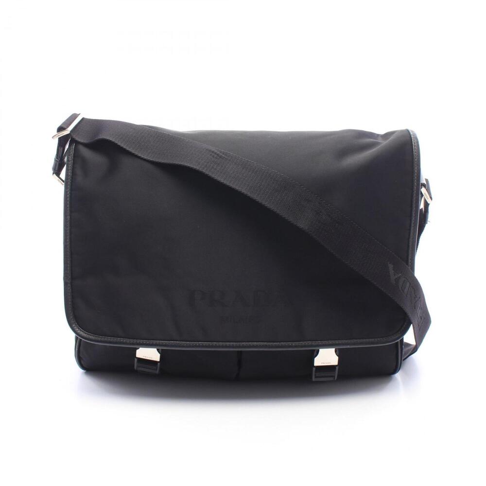 Prada messenger bag, shoulder handbag, nylon, leather, men's, women's, black.